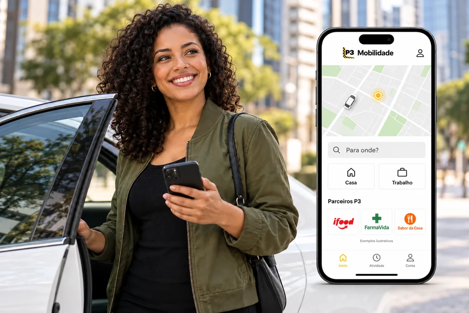 Passageira e apresentação do aplicativo P3 Mobilidade
