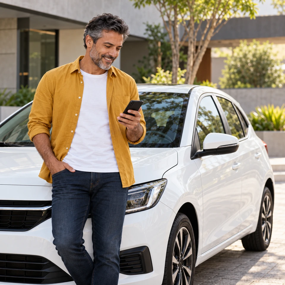 Motorista com camisa amarela ao lado de um carro branco, olhando seu celular