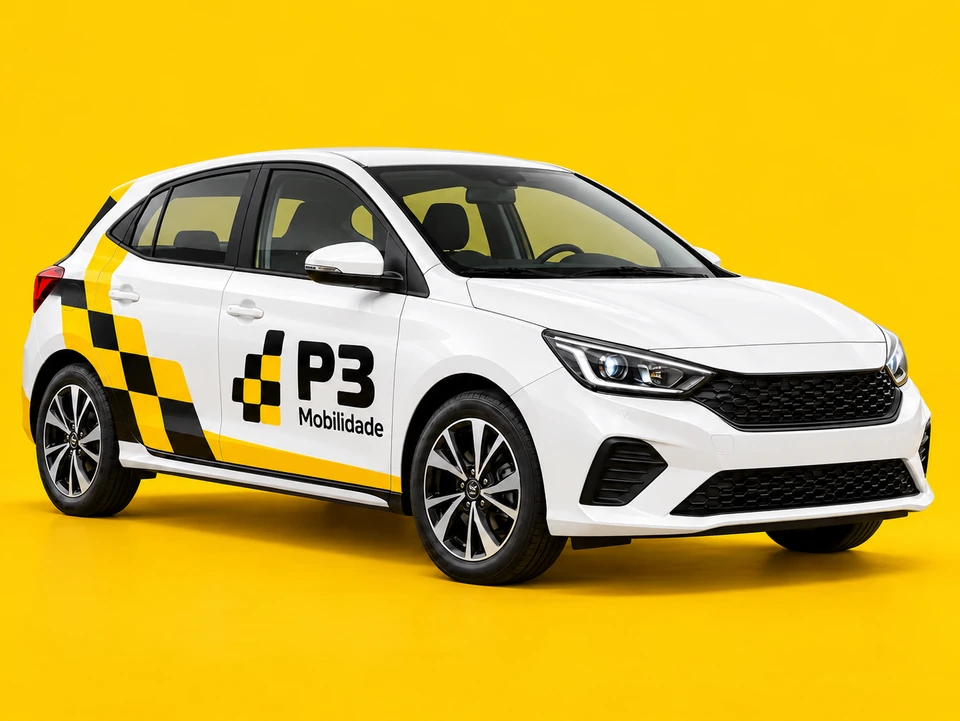 Imagem ilustrativa de carro branco envelopado com a marca P3 Mobilidade